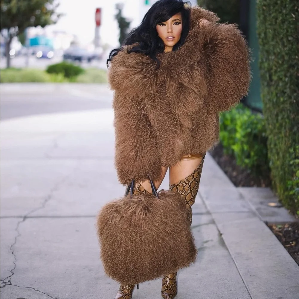 Mongolian Fur Set Coat and Handbag - Picture 1 of 5